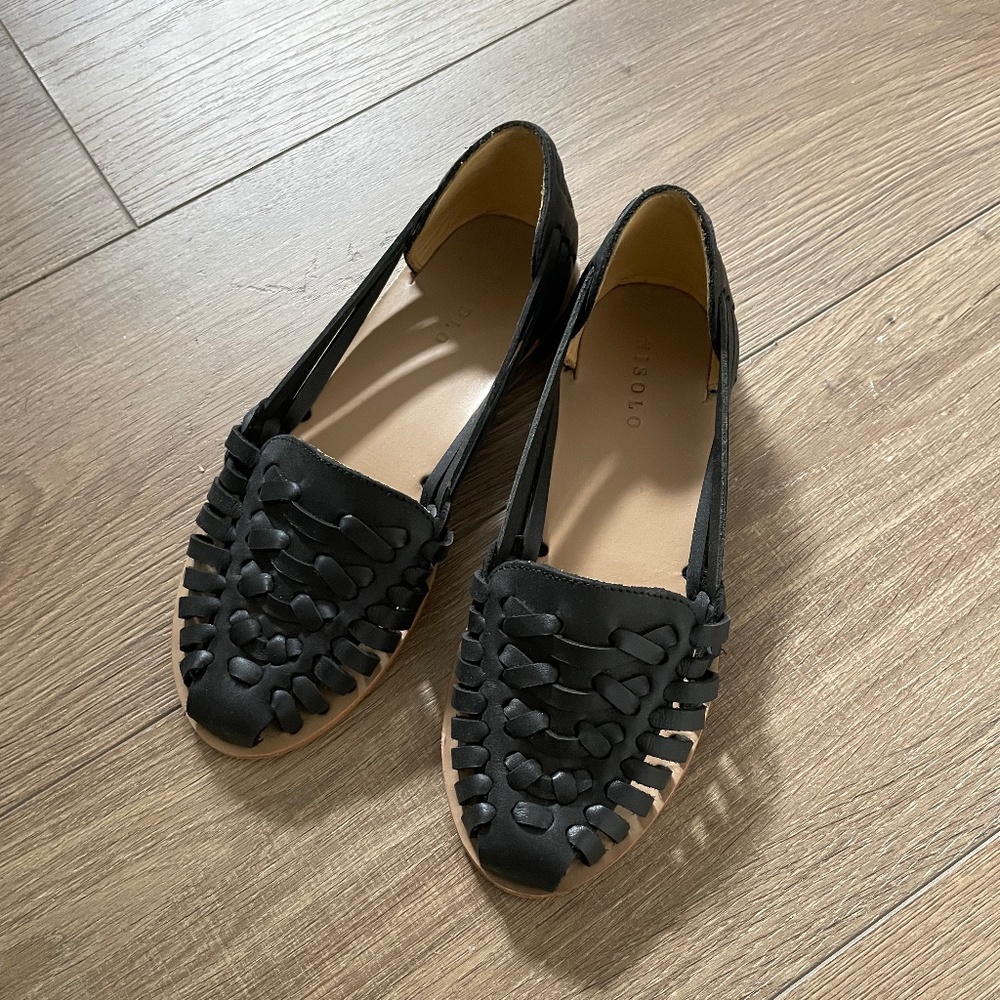 Nisolo Black Leather Huaraches Moccasins Flat Sandals - Size 6